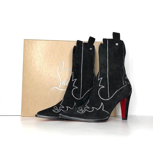 Christian Louboutin Santigag Strass 85 Black Suede Western Style Low Boots 38 - Picture 12 of 12